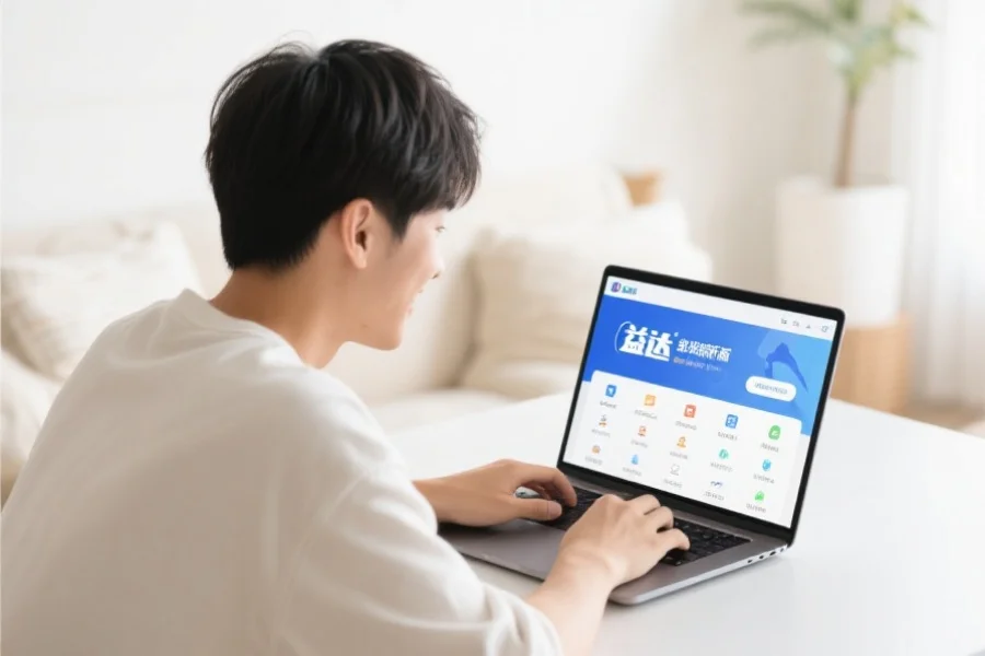 一位年轻用户在明亮舒适的室内环境中愉快地使用笔记本电脑,屏幕上展示富联客户端新版界面